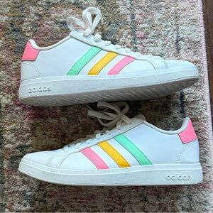 Adidas White Sneakers with Pink, Yellow, and Green Accents